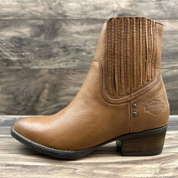 ❌SOLD❌NIB Harley Davidson Lorene Gore Western Moto Ankle Leather Boots Tan 8.5M - Picture 6 of 12